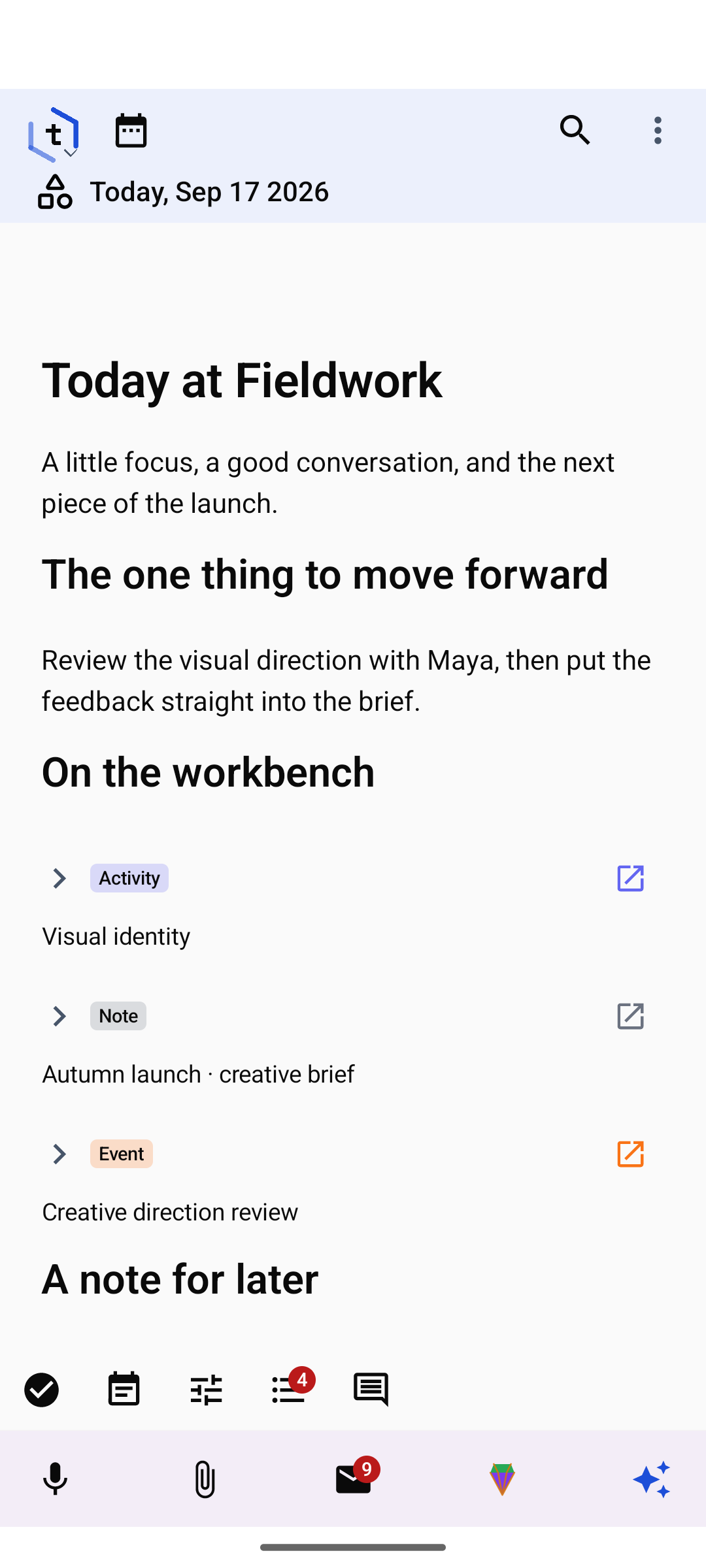 Native Tidy Android journal with Fieldwork notes and embedded activity, note and calendar event.