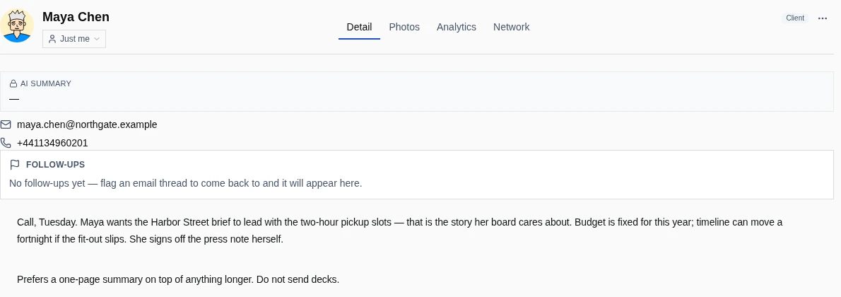 Maya Chen’s contact page: her email and phone, a follow-ups list, an AI summary slot, and typed notes from the last call.