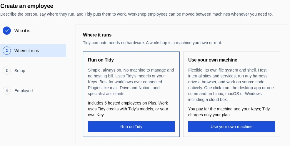 The Where it runs step of Tidy’s Create an employee journey, offering Run on Tidy (simple, always on, no machine to manage) beside Use your own machine.