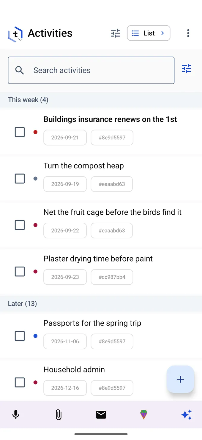 Native Android activities list for a household: buildings insurance renewal, turning the compost heap, netting the fruit cage.