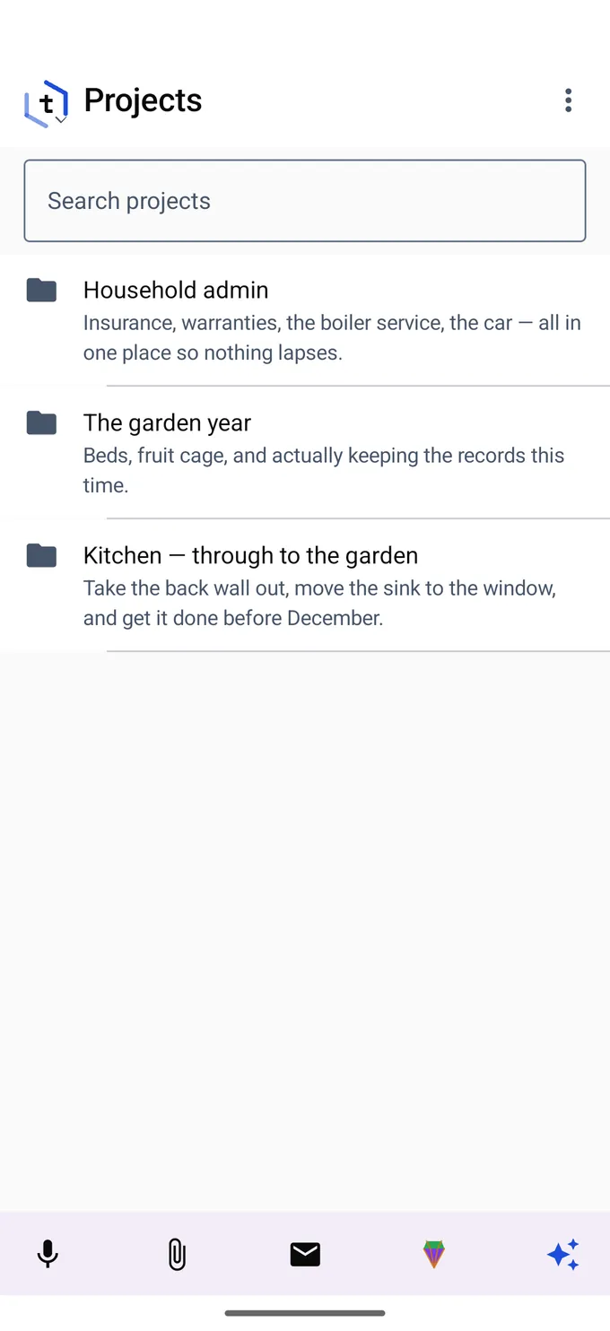 Native Android projects list: Household admin, The garden year, Kitchen through to the garden.