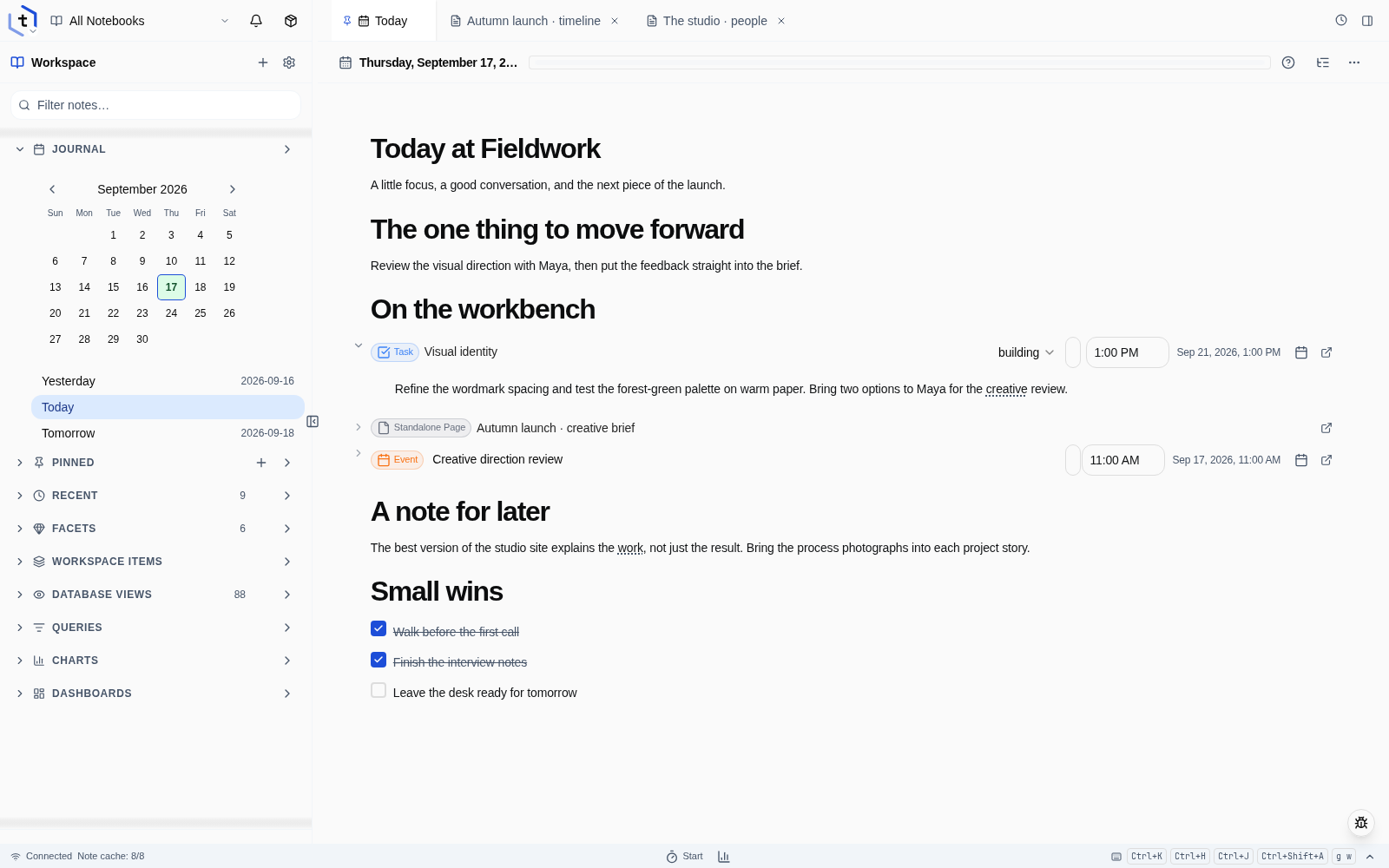 Tidy web journal with an expanded September mini-calendar, an editable Visual identity task, a creative brief and a meeting embed.