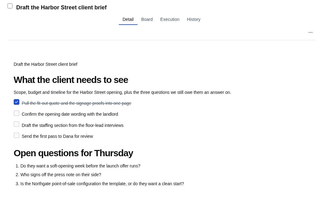 The same task opened from the message: its title and tabs, a heading, a four-item checklist with the first item done, and three open questions.