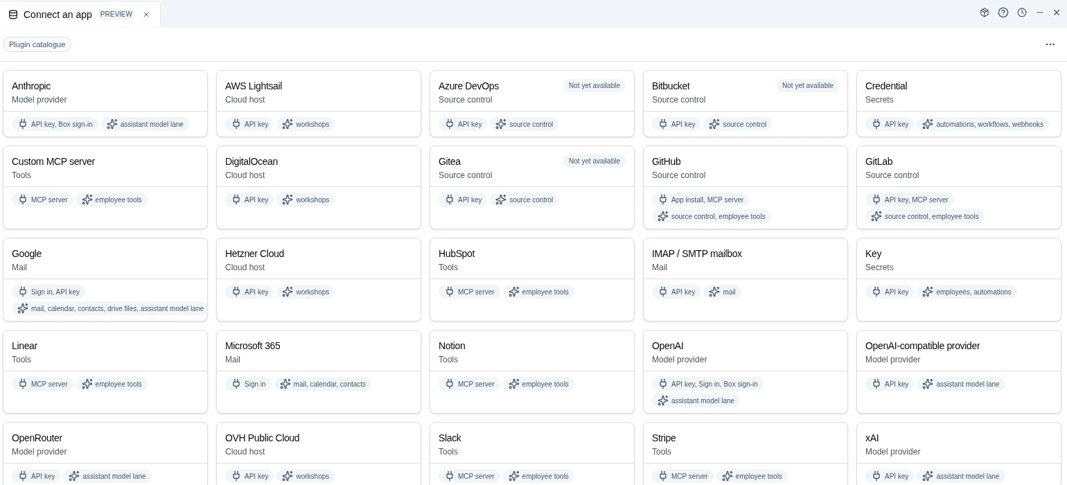 Tidy plugin catalogue with supported services and connection methods.