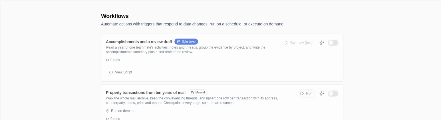 The actual Tidy workflow list and its run counts.